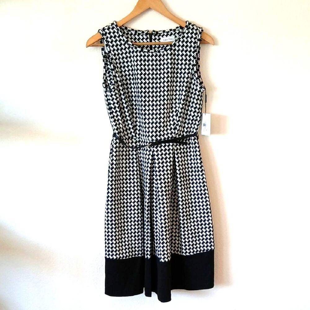 Calvin Klein Black And White Houndstooth Dress New